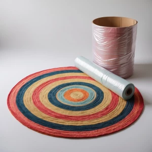 We see a colorful, round woven rug on a plain white background....