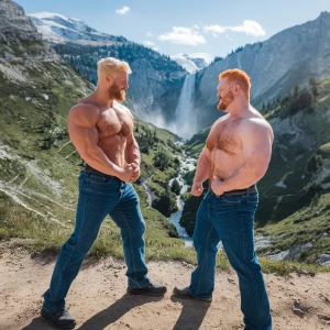 Make 2 men with blonde and ginger hair and beard bodybuilder big...