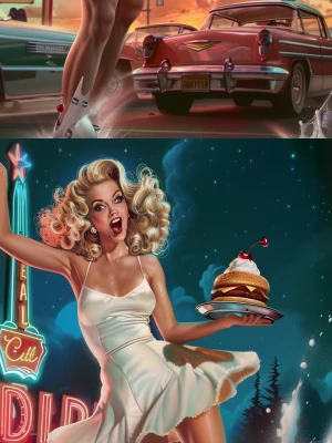 1950s retro pin-up illustration, glamorous roller-skate waitress...