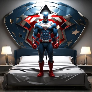 Generate an image of a superhero with a star-spangled shield lyi...