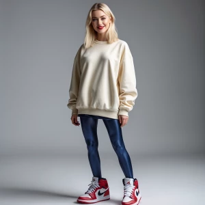 A studio shot of a young blonde woman with a natural smile. She...