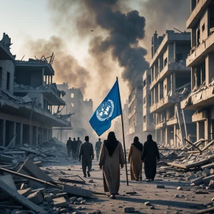 War-torn Middle East city with smoke, destroyed buildings, civil...