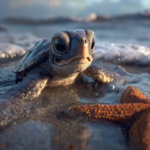 A realistic wildlife-style photograph of a baby sea turtle named...