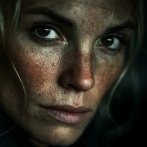 Ultra close-up noir portrait of a determined blonde woman. Her e...