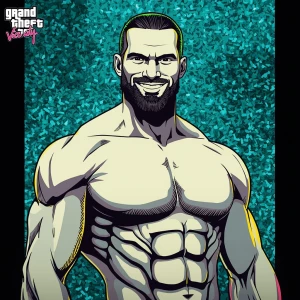 White muscular thin man with beard, big chin, smile and cheekbon...