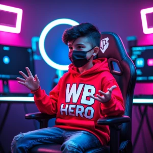 “A young boy sitting on a gaming chair in a modern YouTube studi...