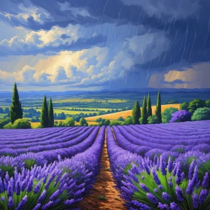 Storm over lavender fields, impressionist style