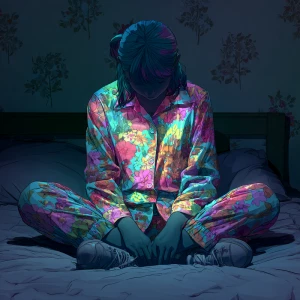 A girl relaxing on a bed in invisible colored pajamas.

Front vi...