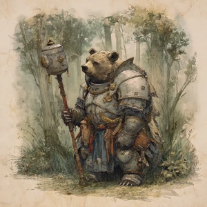 A fantasy setting of a bear dressed in a suit of plate armor, wi...