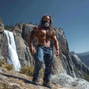 Make a man with gray-black hair and beard bodybuilder big arms a...