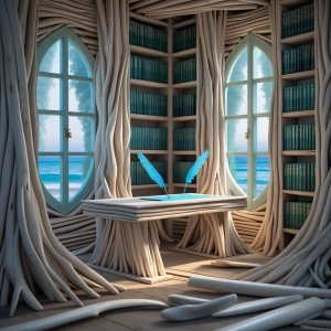 Create an image of a rustic enchanted study known as the "Driftw...