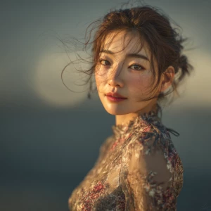 a stunningly beautiful Korean woman, elegant and alluring, weari...