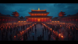 A hyper-realistic, wide-angle 16:9 cinematic shot of a grand tem...