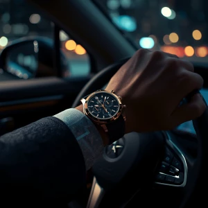 cinematic close-up shot, a luxury Swiss watch on a man's wrist,...
