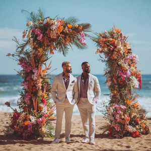 Two muscular men standing together on a sunlit tropical beach, p...