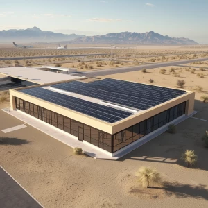 Modern low-rise airport terminal building with solar panels cove...