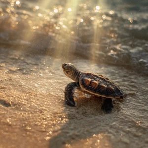 A happy Small Baby turtle chasing surf and sun ray on the beach