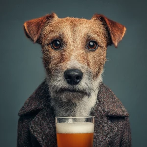 A dog holding beer