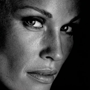 Ultra realistic big close-up portrait of Ursula Andress, black a...