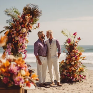 Two muscular men standing together on a sunlit tropical beach, p...