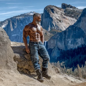 Make a man with gray-black hair and beard bodybuilder big arms a...