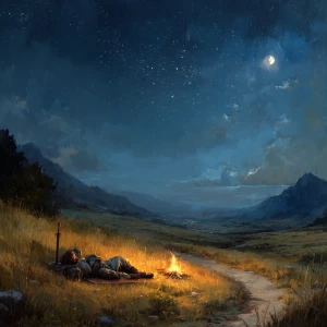 A weary medieval traveler rests beside a small campfire under a...