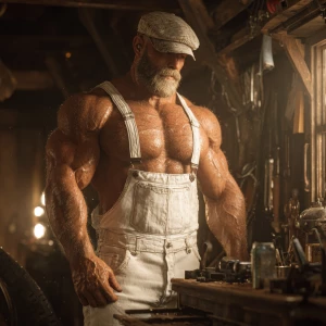 Generate an image of a muscular and hairyhandyman without a shir...