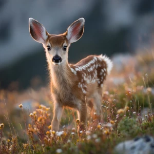 Baby white-tailed fawn with delicate white spots standing in a C...