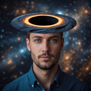 Make an image of a guy with a black hole on his head