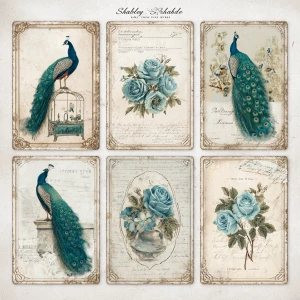 Shabby Chic Peacock Ephemera – 6 Cards (with Peacock-Blue Roses)...