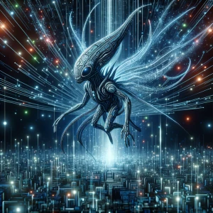 A sleek, pulsating tentacled alien, its body covered in intricat...
