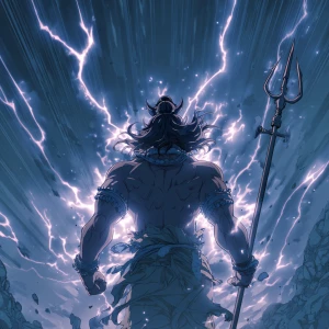 Lord Shiva, majestic and powerful, standing with trident, showin...