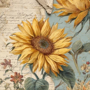 Sunflower junk journal page, beautiful full blooming sunflowers,...