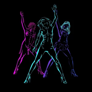 Dancing people, cyberpunk style, vibrant electric colors (pink,...