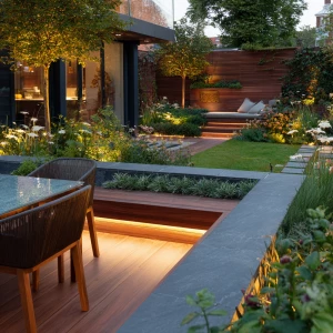 Create an image of a contemporary residential garden featuring s...