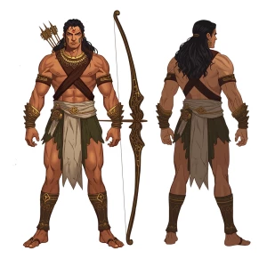 Arjuna — A tall, athletic Indian warrior in stylized painterly f...
