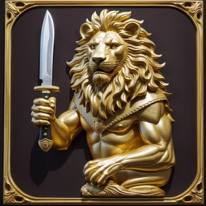 A gold coat of arms lion holding a knife facing camera left