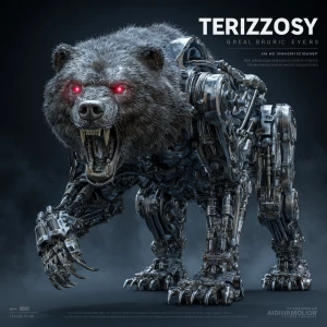 "A grizzly bear made entirely of T-800 robotic components, chrom...