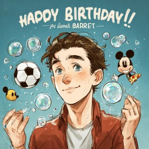 banner states “Happy Birthday Barrett”; decorations: blowing soa...