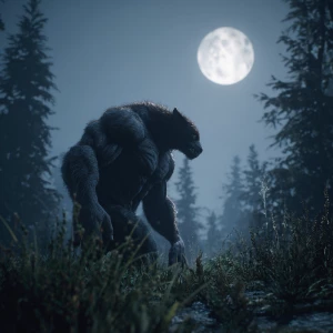 In a moonlit forest clearing, visualize a powerful lycanthrope w...