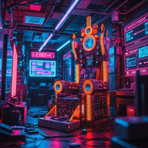 In a bustling cybercity alley, a garishly ornate hacker den glow...