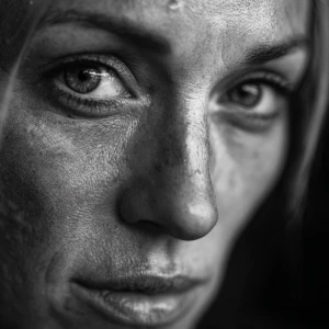 Ultra close-up noir portrait of a determined blonde woman. Her e...