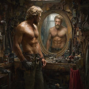 Generate an image depicting a muscular, weathered handyman stand...