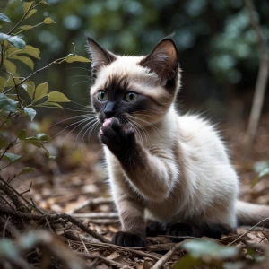 A Siamese kitten comes out of the bushes into a clearing, sits d...