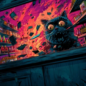 A masked street cat. Hostage cat trembling behind the counter, s...