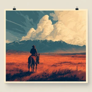 A lone cowboy on horseback rides across wide open prairies at su...