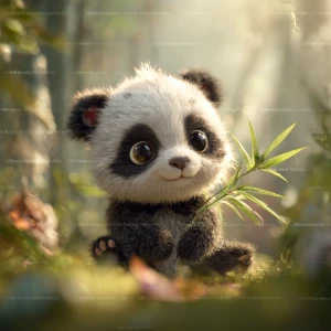 “Adorable baby panda sitting among soft bamboo leaves, with warm...