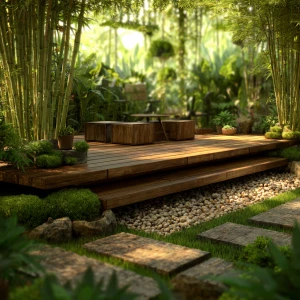 Create a serene Japanese-inspired garden with lush green grass c...
