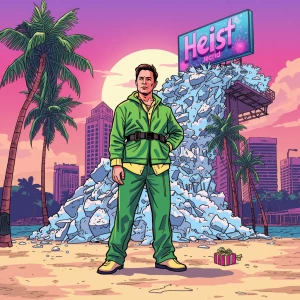 GTA Vice City loading screen panel: Elon Musk as cyber-elf. beac...