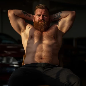 The image features a shirtless man with a muscular and beefy bui...